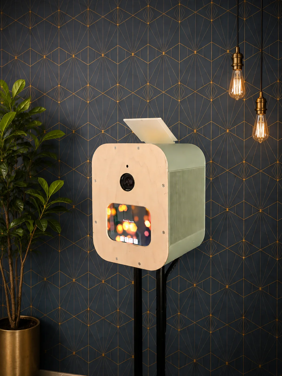 Borne photo Burgundy Booth en bois clair et vert sauge, posée sur trépied devant un mur géométrique bleu nuit aux motifs dorés, ambiance feutrée avec plante verte et ampoules Edison