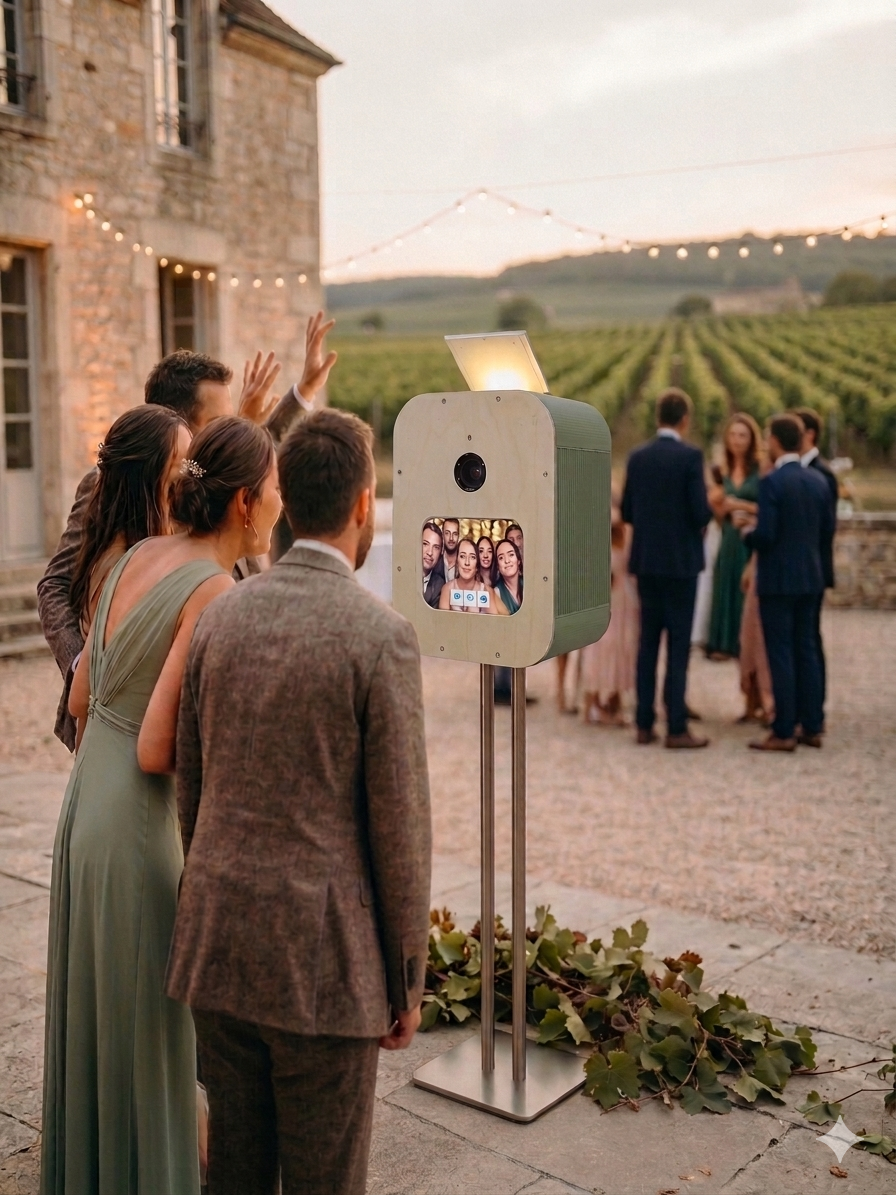 Photobooth Burgundy Booth lors d'un mariage en extérieur, invités devant un domaine bourguignon au coucher du soleil avec vignobles en arrière-plan
