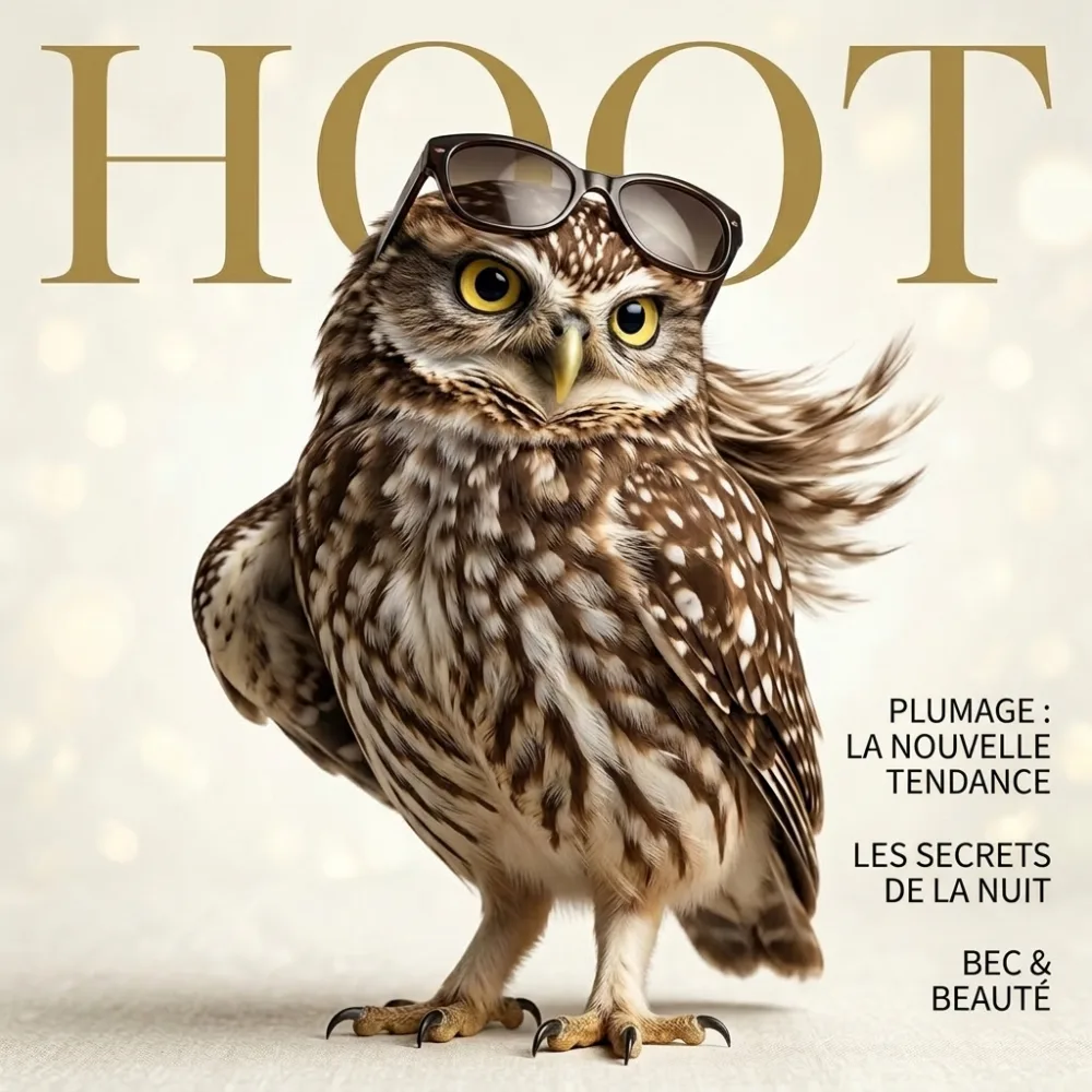 Une chouette prend la pose de top model, lunettes de soleil sur la tête et plumes au vent, en couverture d'un faux magazine de mode intitulé HOOT